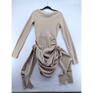 Lioness Beige Ruched Rosette Long Sleeve Mini Dress Textured Knit Neutral Size M